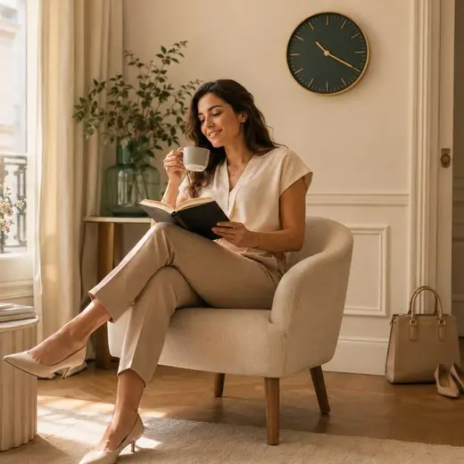 Femme détendue lisant avec un café