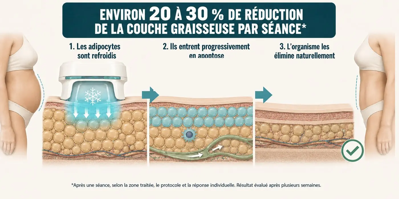 Mécanisme de la cryolipolyse : refroidissement des adipocytes, apoptose, puis élimination naturelle par l'organisme