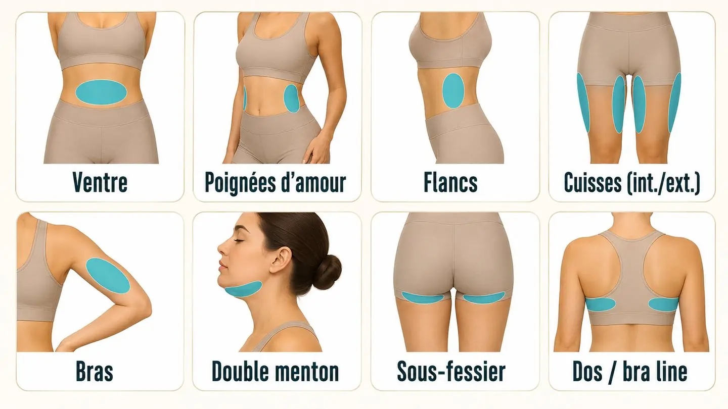 Zones traitées par la cryolipolyse : ventre, poignées d'amour, flancs, cuisses, bras, double menton, sous-fessier, dos